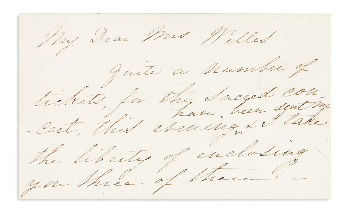 (LINCOLN, ABRAHAM.) MARY TODD LINCOLN. Autograph Note, unsigned, to Mrs. Gideon Welles, on Mrs. Lincolns printed visiting card.